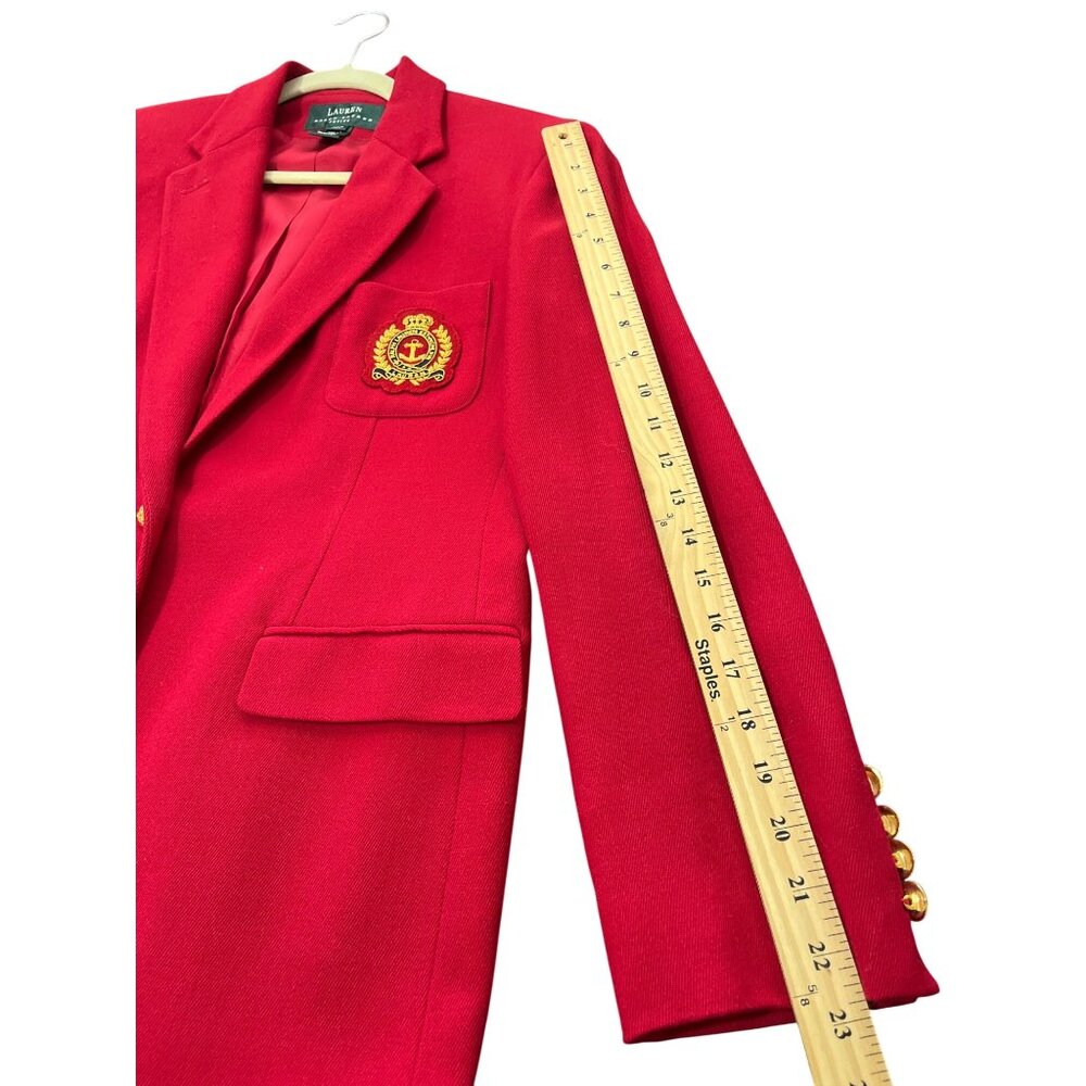 Lauren Ralph Lauren Black Label Red Wool Blazer Crest Gold Button Vtg Petite 10P - Picture 6 of 7